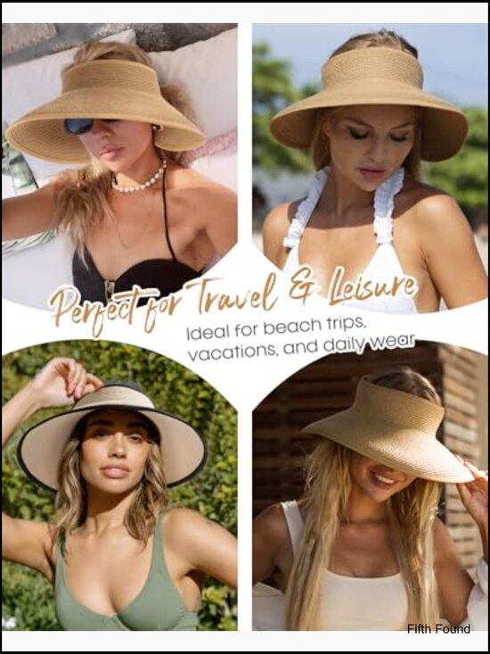 Women\'s Straw Sun Visor Hat UPF 80+ Wide Brim Ponytail Beach Foldable main image 6